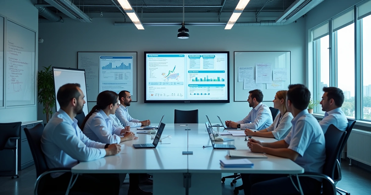 Profissionais em sala de reunião discutindo aprendizados de não conformidades.