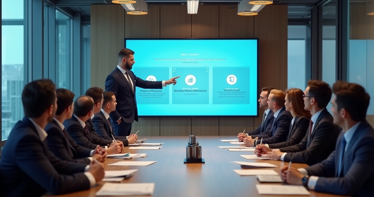 Apresentação de programa de fidelidade em reunião executiva com tom sério 