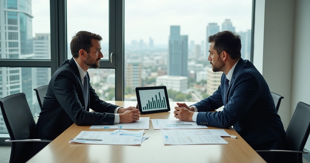 Profissional de BPO financeiro apresentando proposta a um empresário em sala de reunião 