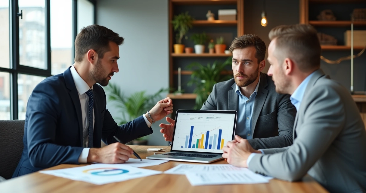 Profissionais apresentando proposta de BPO financeiro a uma pequena empresa em mesa de reunião