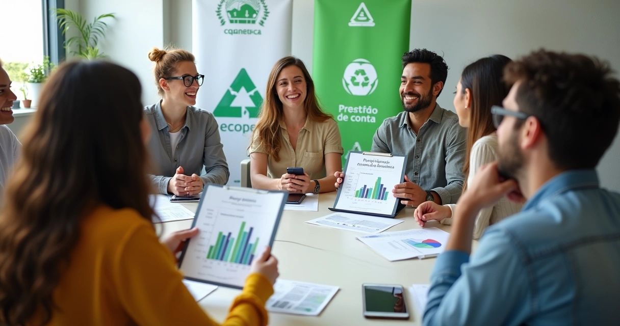 Grupo reunido em apresentação de cooperativa de reciclagem 