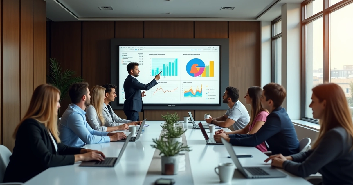 Equipe reunida em sala de reunião, observando apresentação de dados em tela grande 