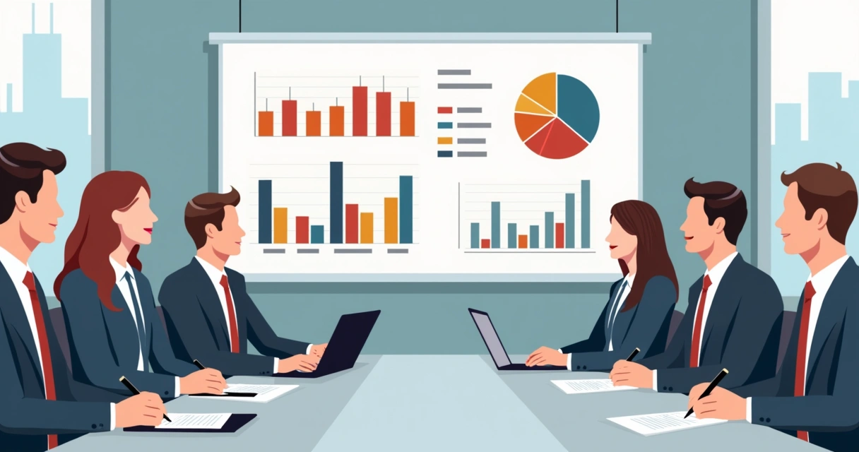 Gestores públicos em reunião analisando relatório de comunicação com gráficos e dados projetados na tela.