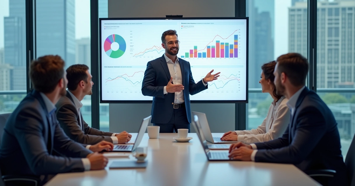 Profissional de marketing apresentando relatório digital em reunião com clientes