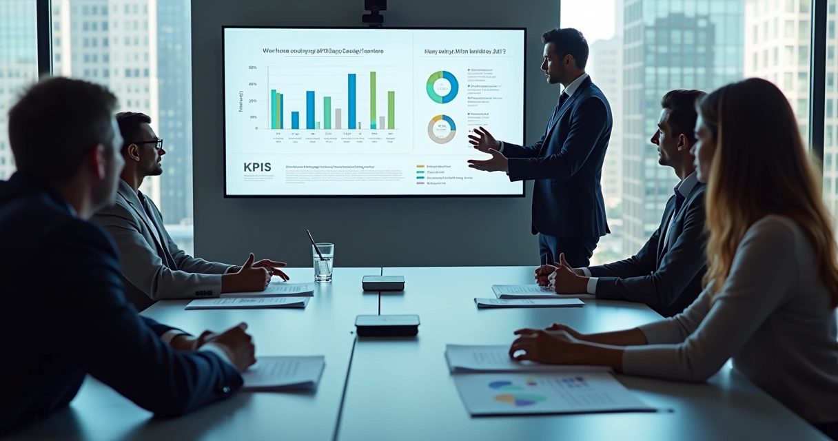 Apresentação de resultados de IA em reunião de negócios, indicadores claros no telão 
