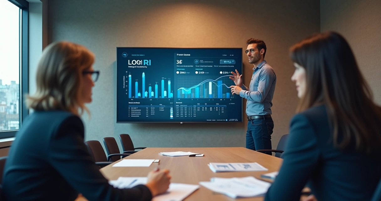 Sala de reunião com duas pessoas, uma apresentando dados de ROI em tela gráfica, ambas focadas e documentos com números na mesa 