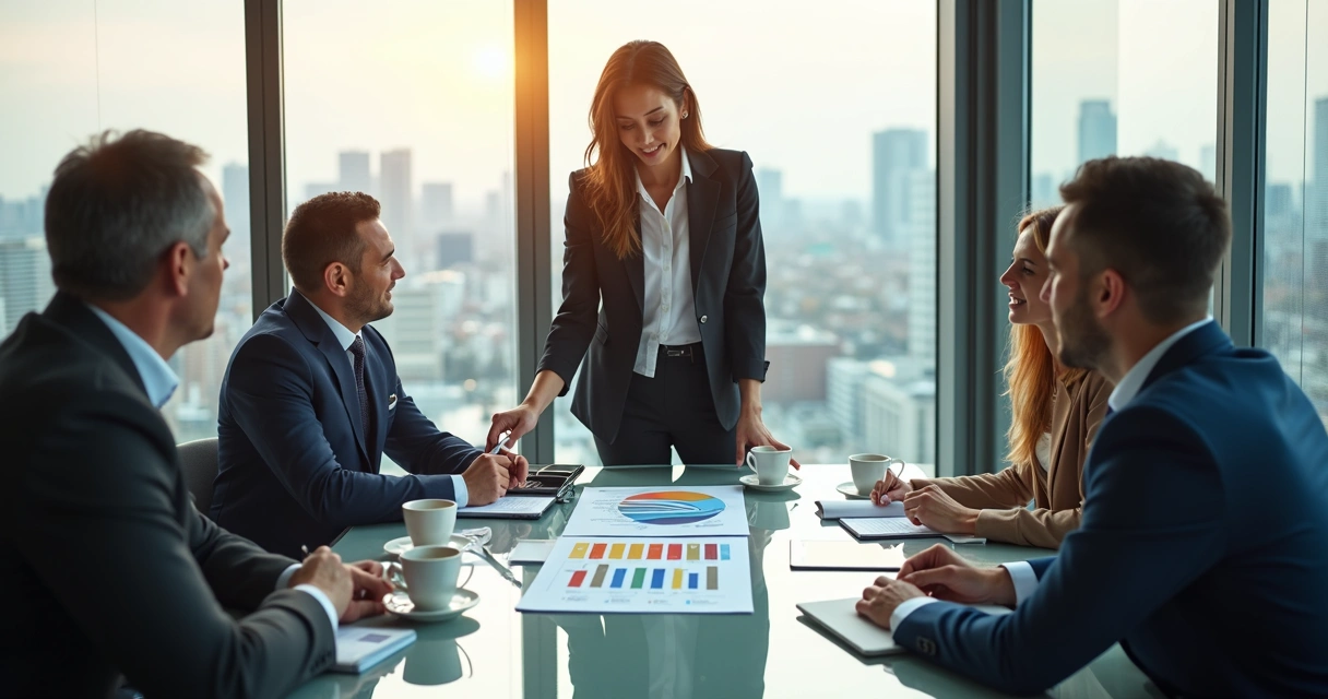 Profissional de BPO financeiro apresentando proposta a grupo de empresários na sala de reunião 