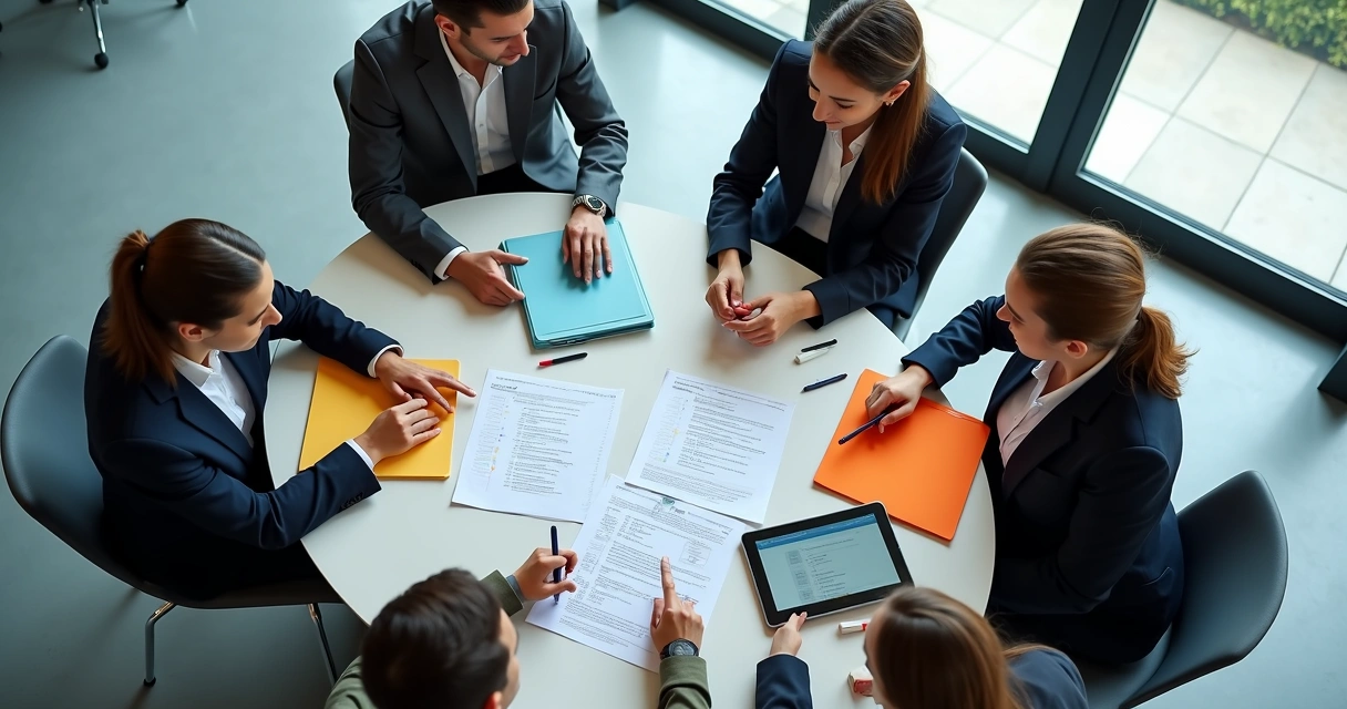 Gestores reunidos analisando contrato de treinamento