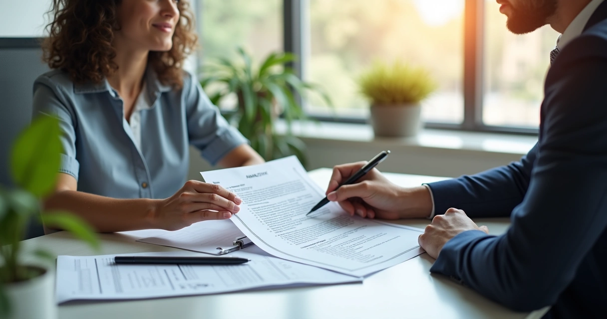 Pessoa segurando contrato de financiamento imobiliário com agente imobiliário em ambiente de escritório 