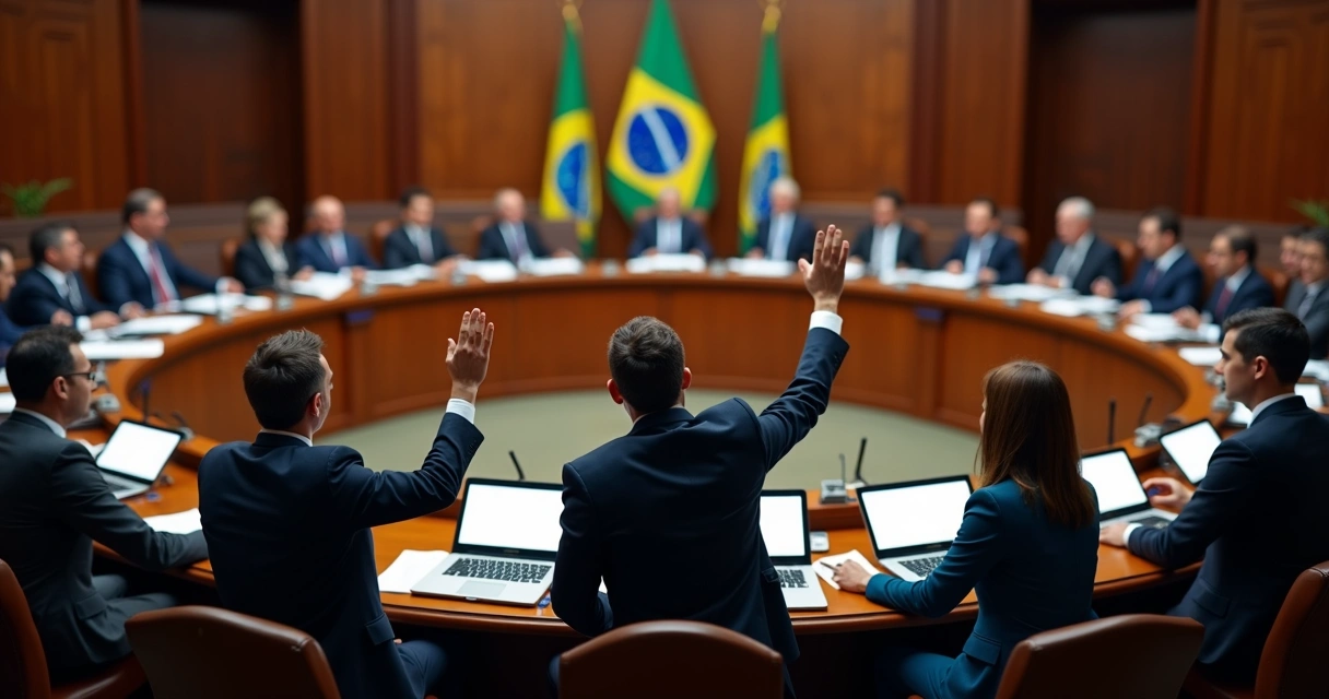 Congresso Nacional brasileiro reunido para aprovação de reforma no Imposto de Renda, parlamentares sentados em semicirculo 
