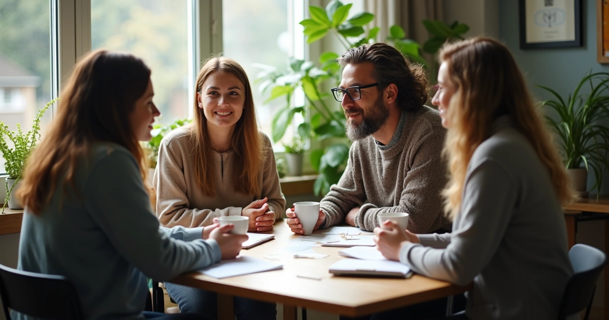 Equipe em reunião tranquila no trabalho