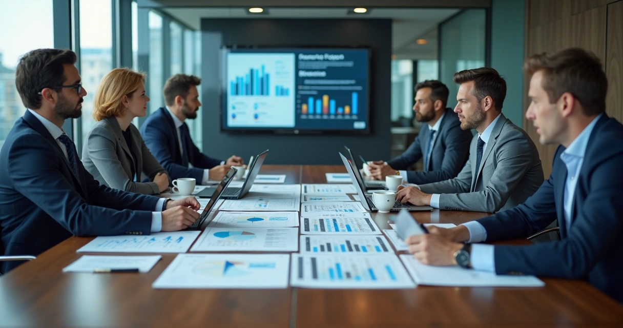 Executivos analisando metas de aquisição em reunião