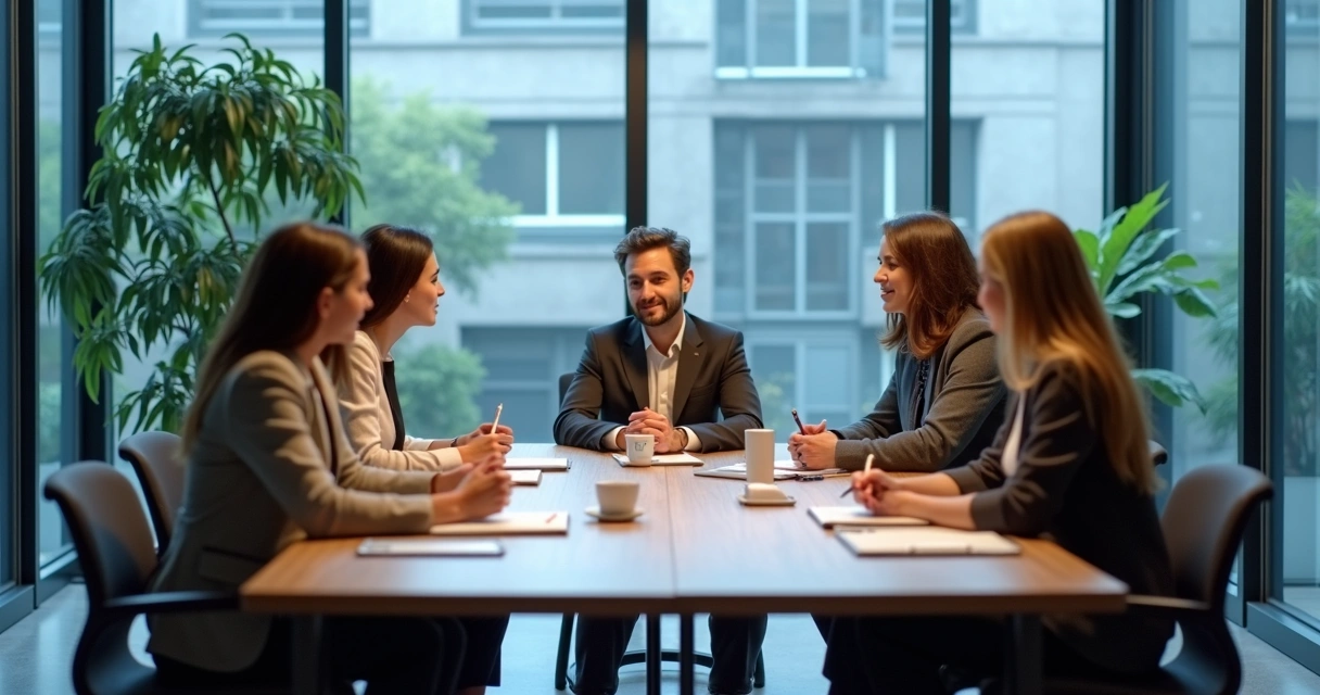 Equipe em reunião com perfis simbólicos distintos em um escritório 