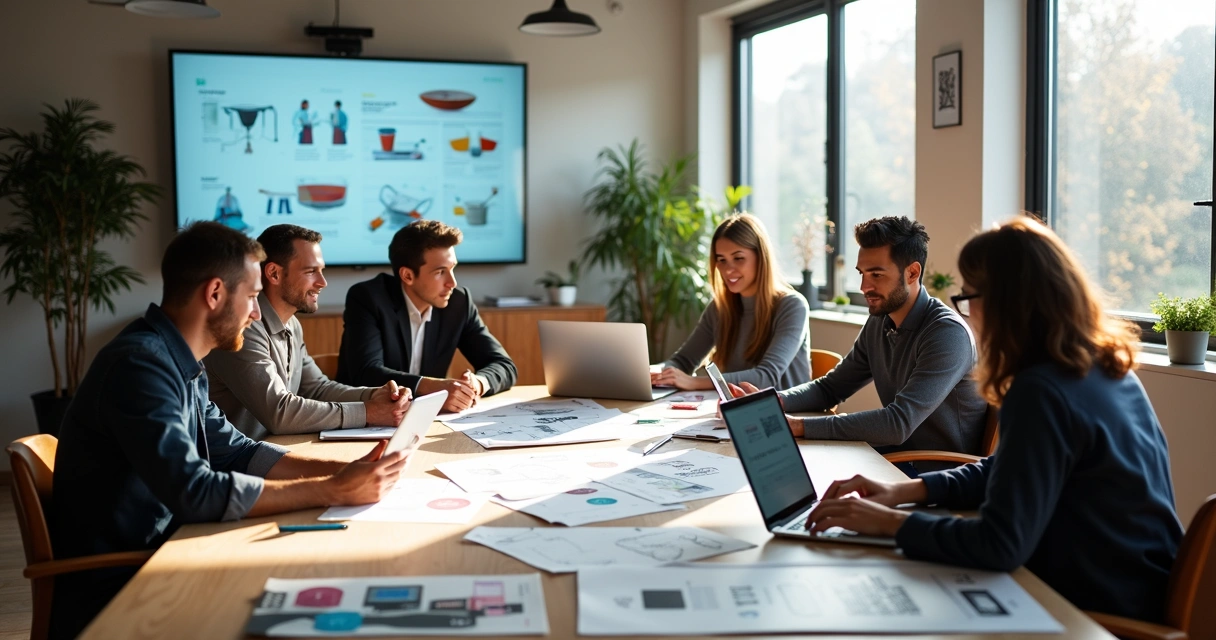 Reunião de arquitetos com painéis de tendências, plantas e dispositivos digitais discutindo o futuro do branding 