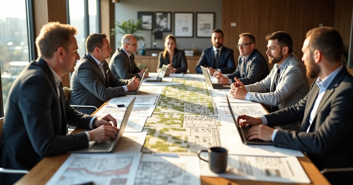 Grupo de arquitetos em reunião analisando planta de hotel e mapa de zoneamento 