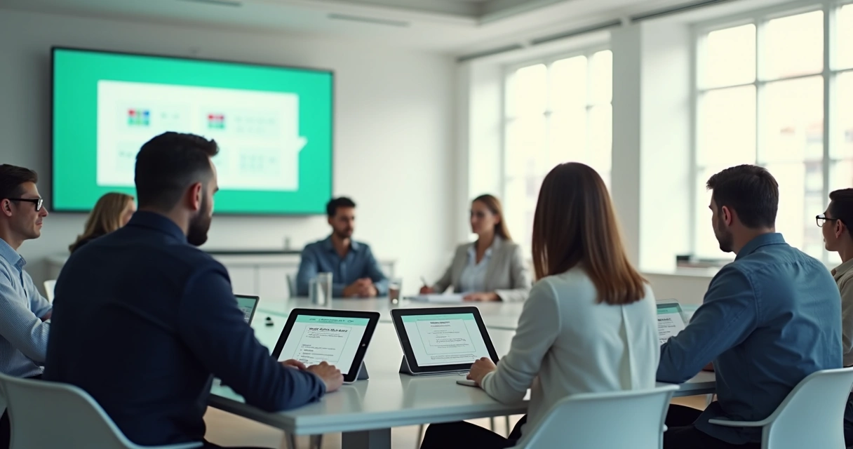 Reunião de assembleia de condomínio com documentos digitais 