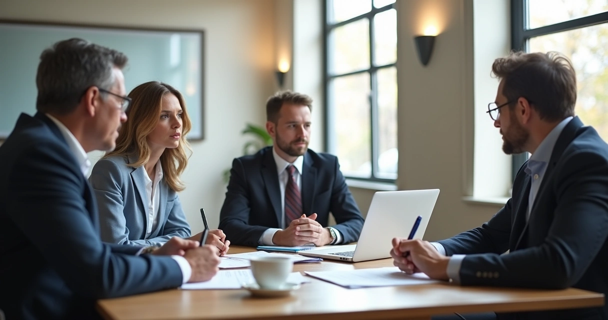 Advogado explicando regras de licitação para pequenos empresários em mesa de reunião