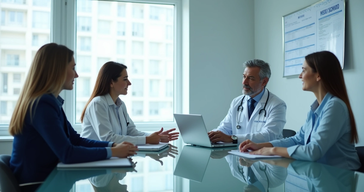 Médico em reunião com assessoria de imprensa planejando estratégias 