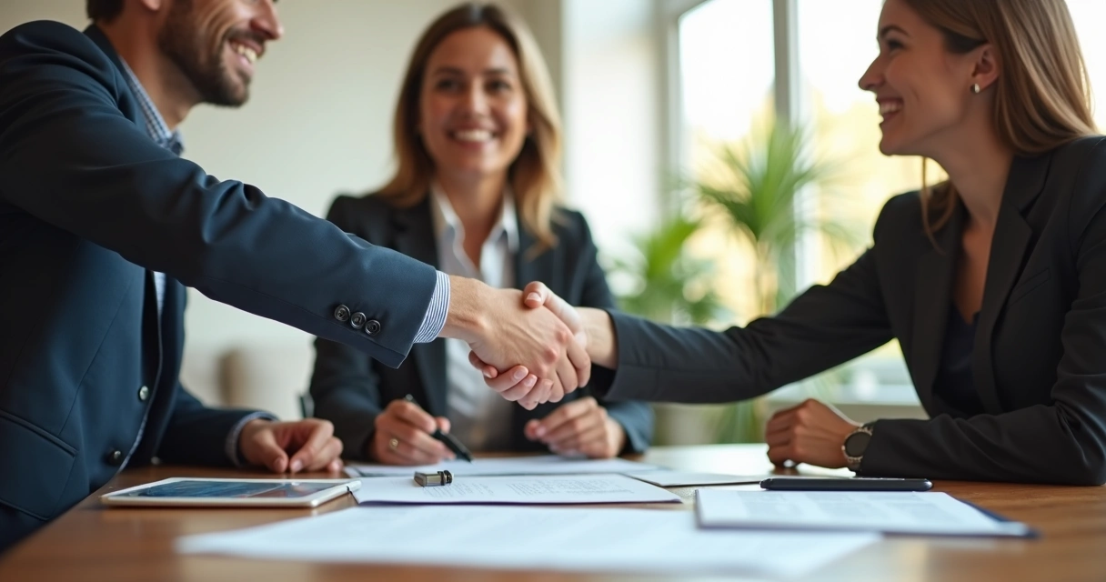 Duas pessoas fazendo reunião para contrato de aluguel, apertando as mãos 