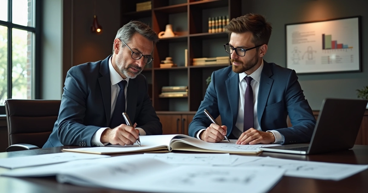 Reunião entre assistente técnico e perito judicial analisando documentos 