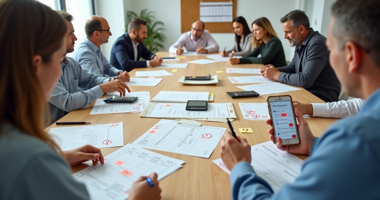 Mesa de associação com planilhas confusas de mensalidades destacadas em vermelho 