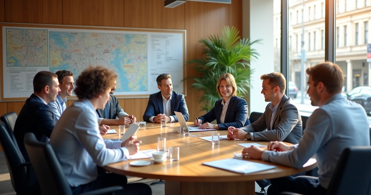Grupo de empresários reunidos em associação comercial discutindo negócios 