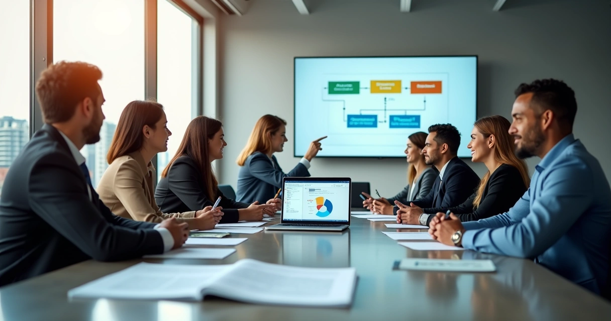 Diretoria de associação em reunião planejando gestão e benefícios aos associados 