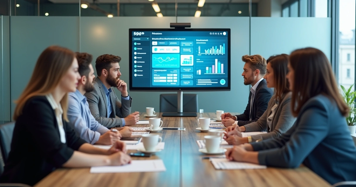 Associados em sala de reunião analisando compras coletivas no computador. 