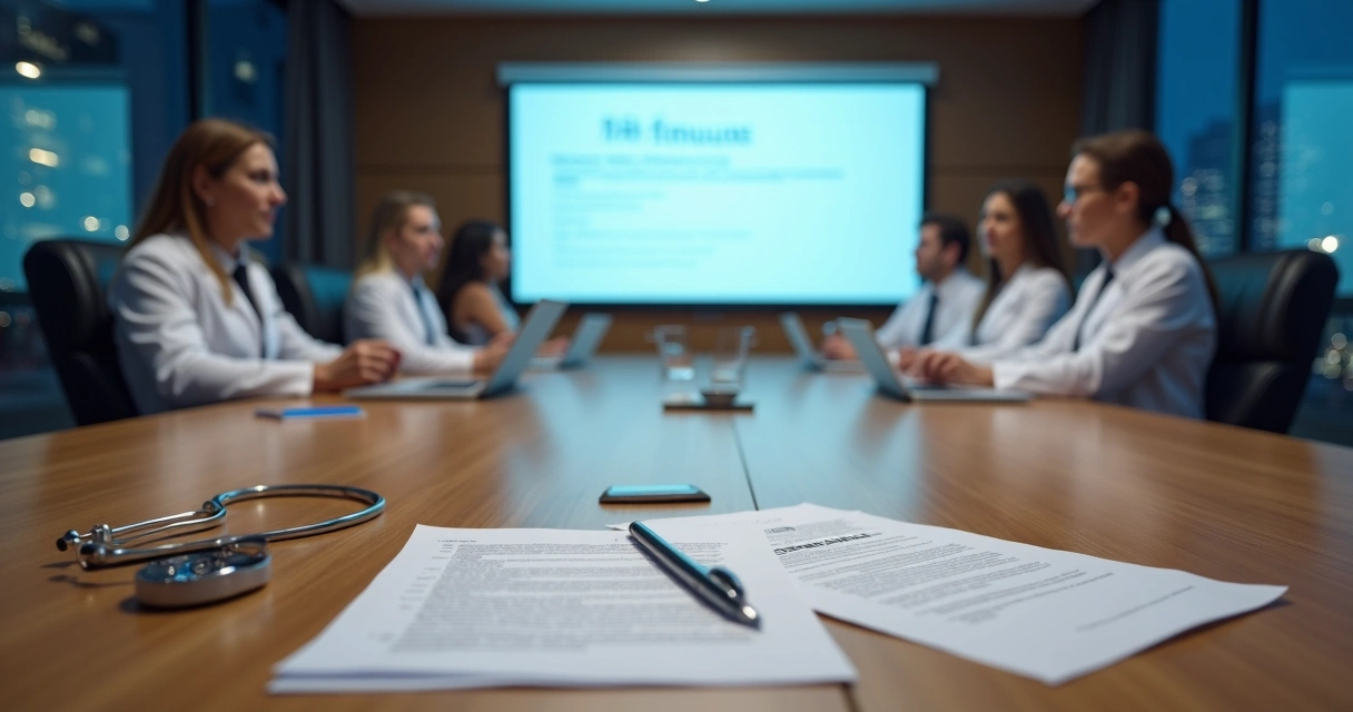 Conselho de clínica médica reunido em assembleia revisando ata em sala de reunião 