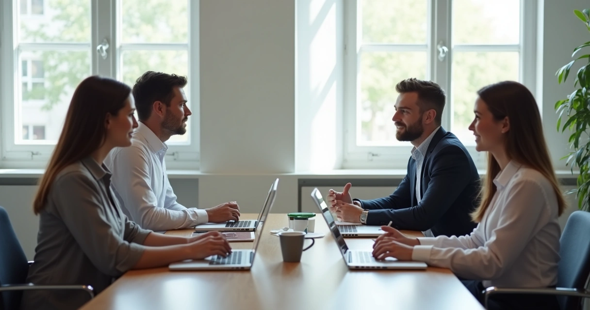 Equipe sentada ao redor de uma mesa ouvindo atentamente em uma reunião 