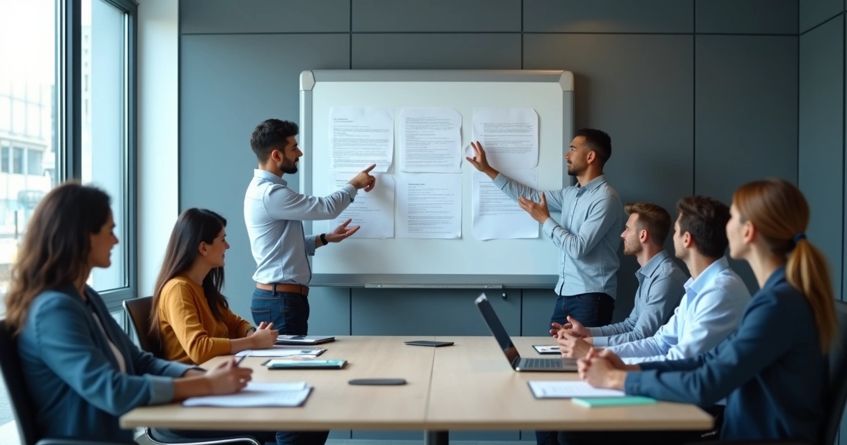 Equipe em reunião com quadro de prioridades visível ao fundo 