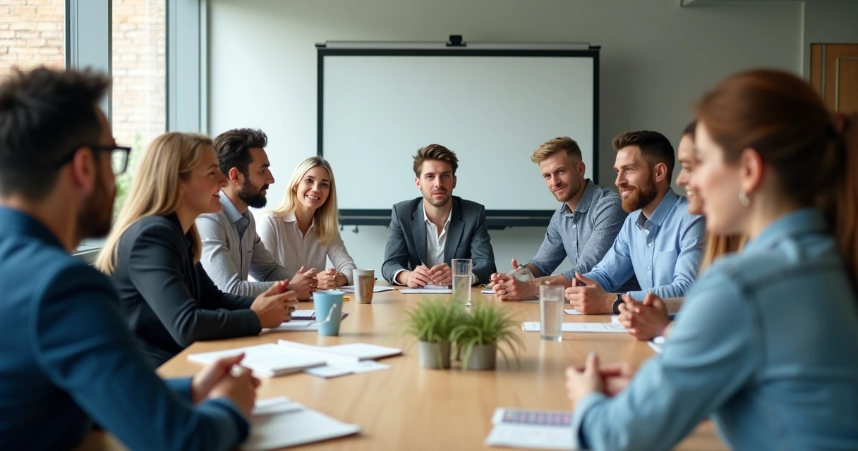 Pessoas em volta de mesa de reunião, concentradas e atentas, sem distrações digitais 