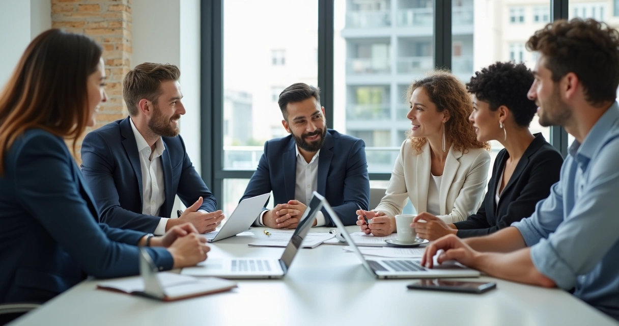 Equipe de vendas de empresa realizando atendimento personalizado em reunião com clientes 