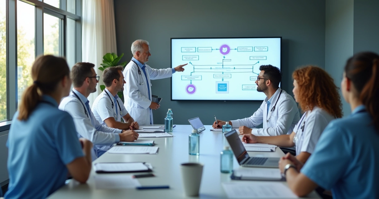 Equipe multidisciplinar reunida em sala para atualização de protocolos internos 