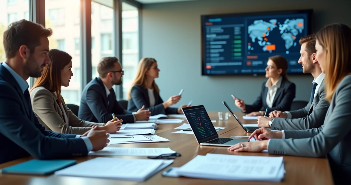 Equipe empresarial auditando documentos de terceiros em mesa de reunião 