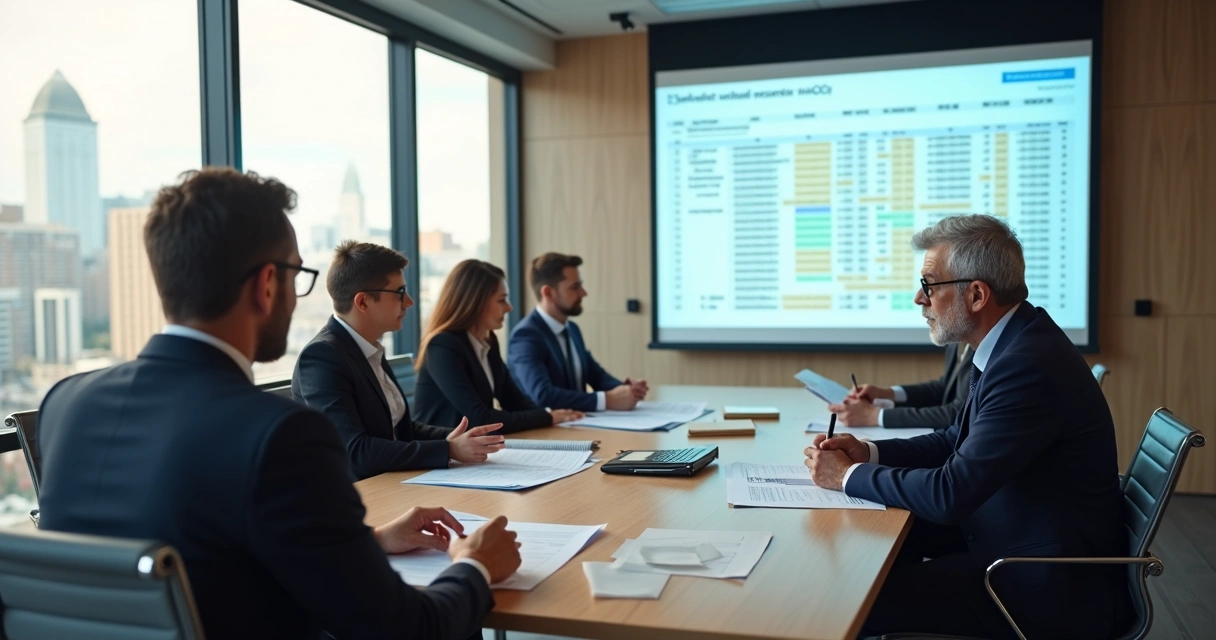 Equipe analisando documentos imobiliários em reunião 