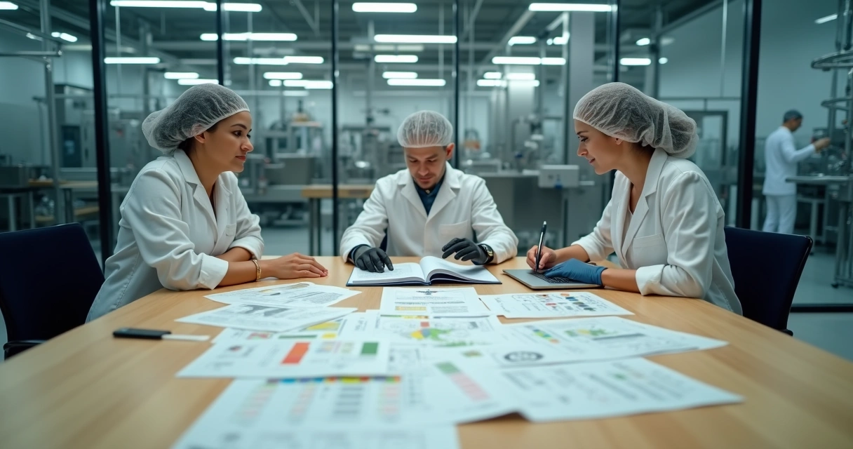 Profissionais analisando documentos de auditoria em sala de reunião de indústria de alimentos 