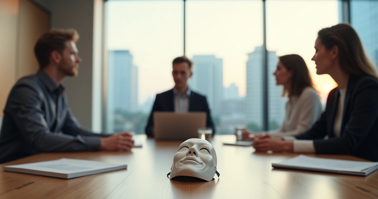 Profissional em reunião de trabalho com máscara sobre a mesa e expressão confiante 