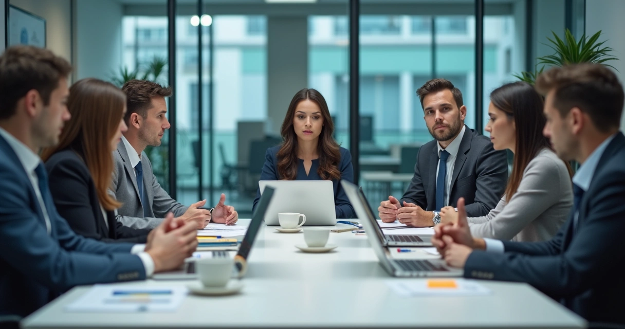 Equipe em reunião com expressões contidas e uma pessoa em reflexão