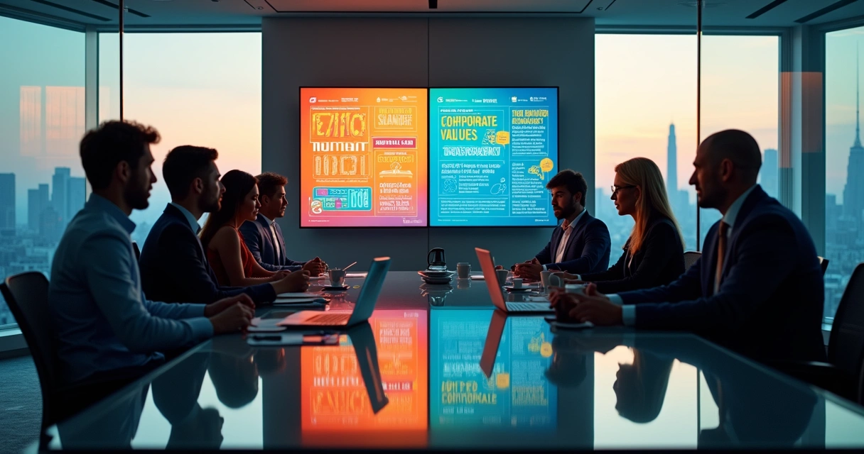 Executivos em reunião contrastando discurso corporativo e prática real 