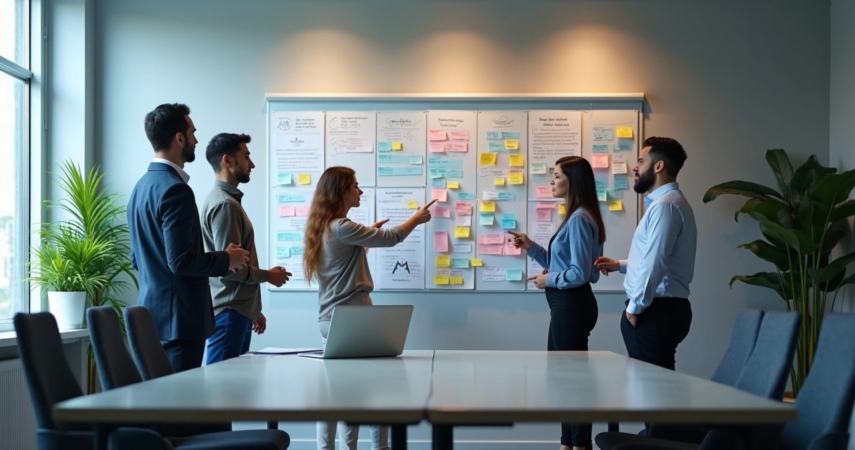 Equipe em reunião com gestão visual e decisões compartilhadas