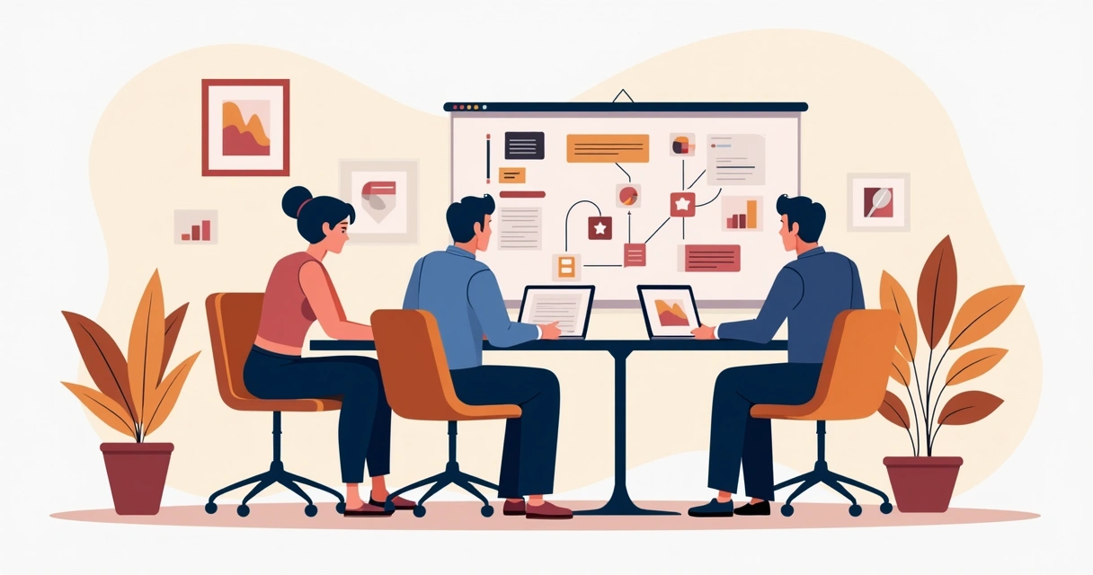 Reunião sobre automação em negócios com anotações e dispositivos digitais 