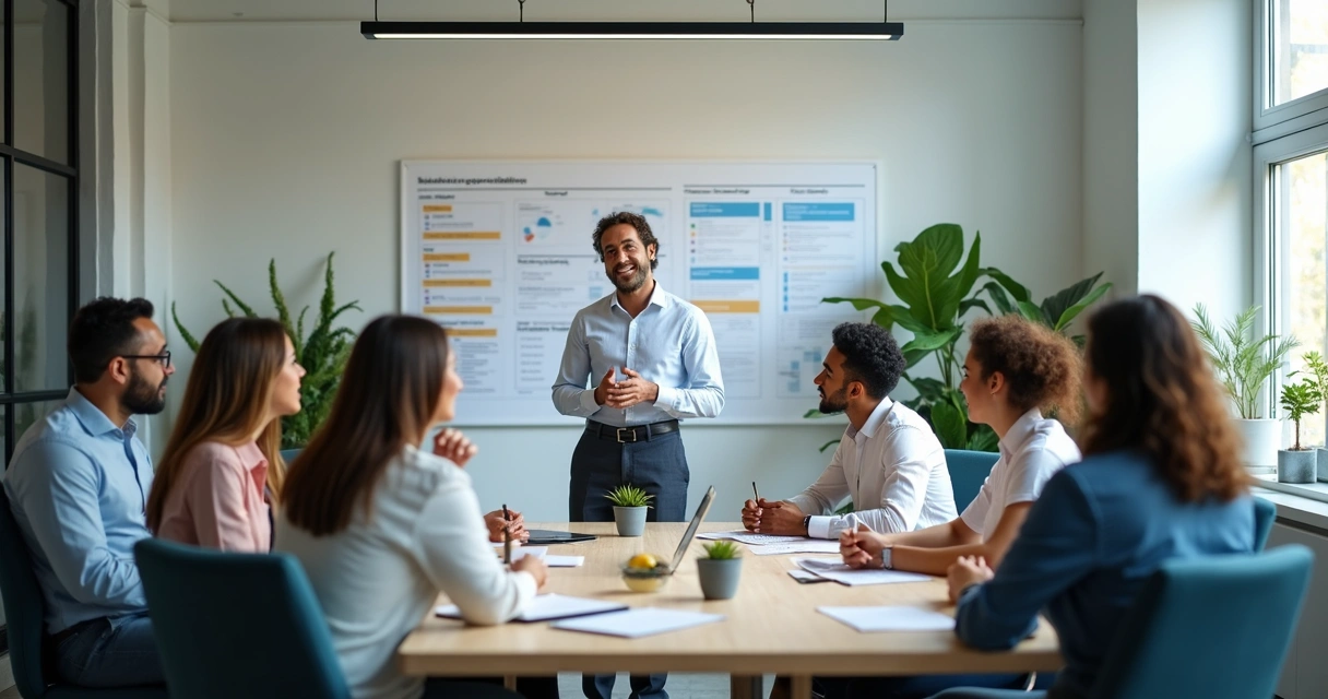 Equipe em reunião colaborativa com quadro de tarefas compartilhado 