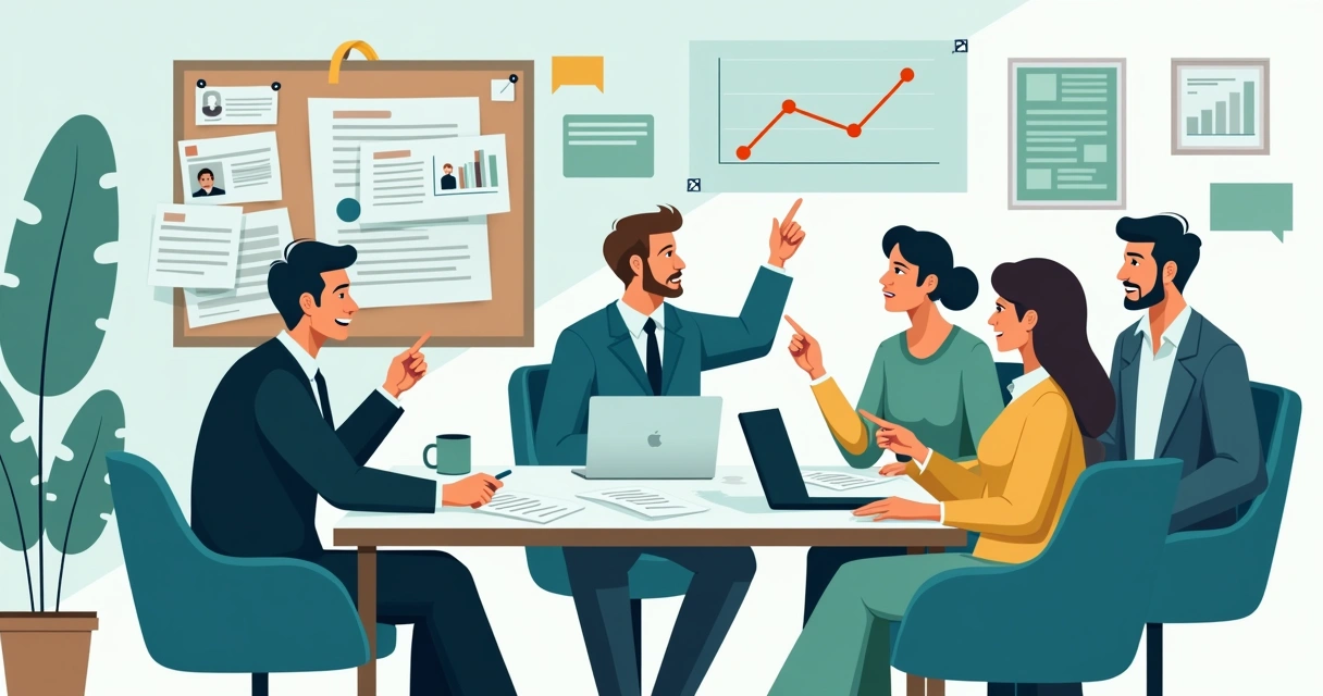 Lideranças em uma reunião avaliando vários canais de comunicação em uma mesa de trabalho 