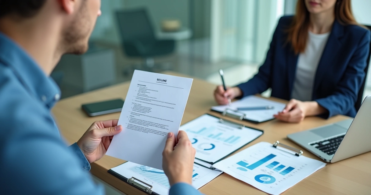 Profissional revisando currículo e proposta de trabalho em reunião