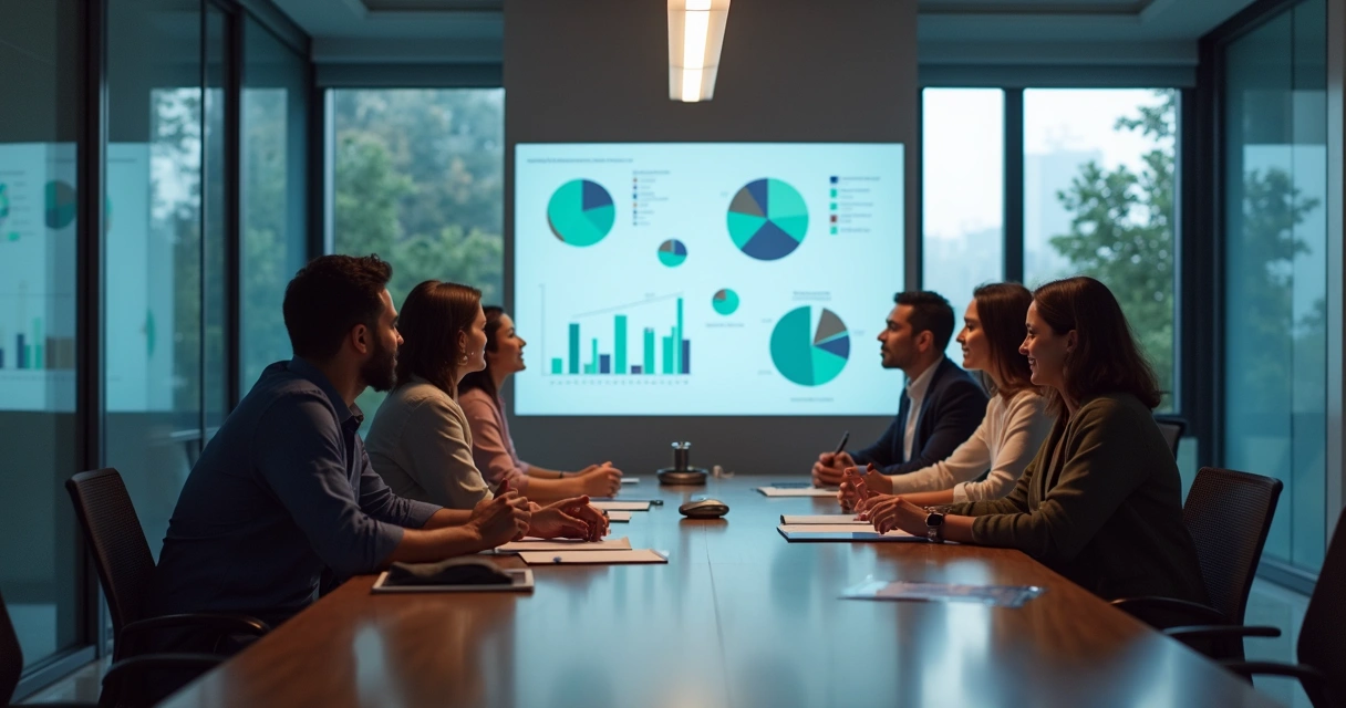 Equipe discutindo avaliação de desempenho em sala de reuniões 