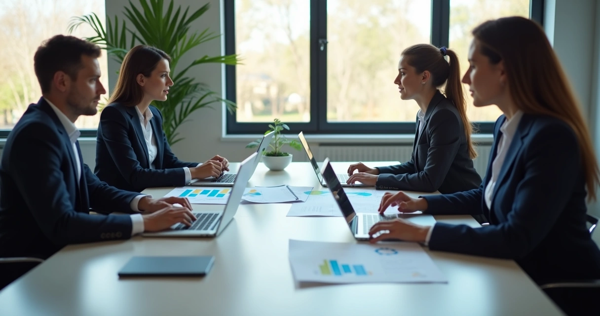 Gestores em reunião revisando avaliações de equipe