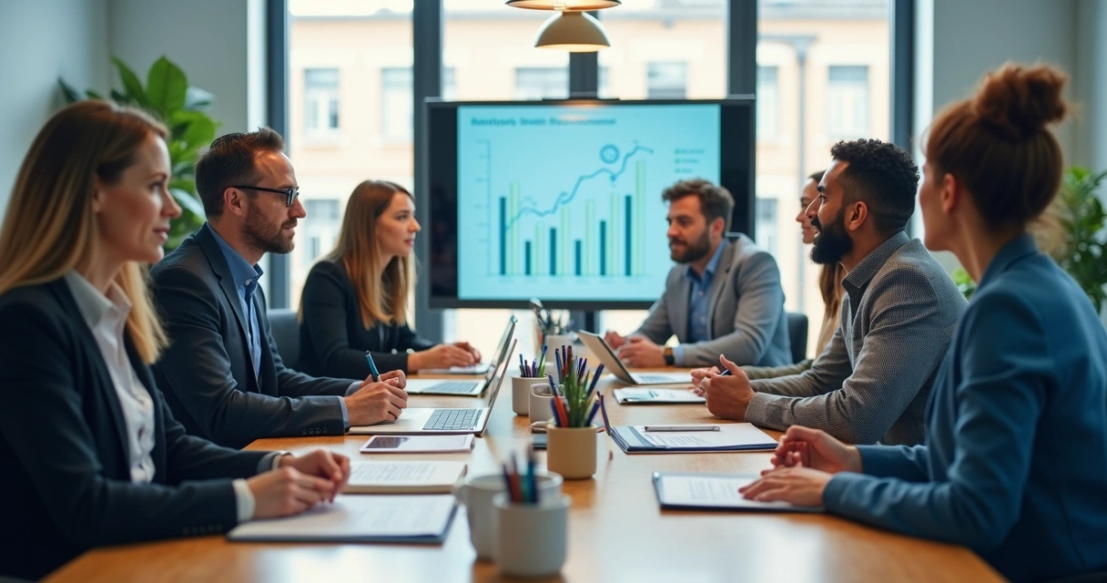 Equipe em reunião avaliando desempenho e contexto humano 