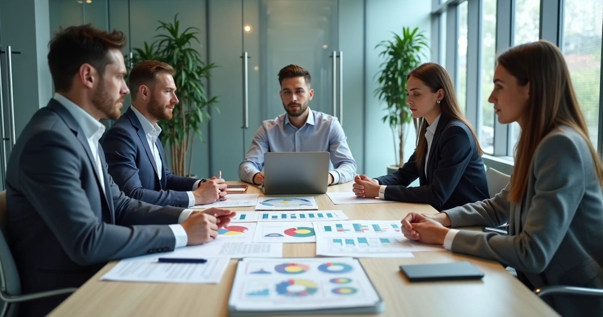 Gestores revisando dados de desempenho em reunião 