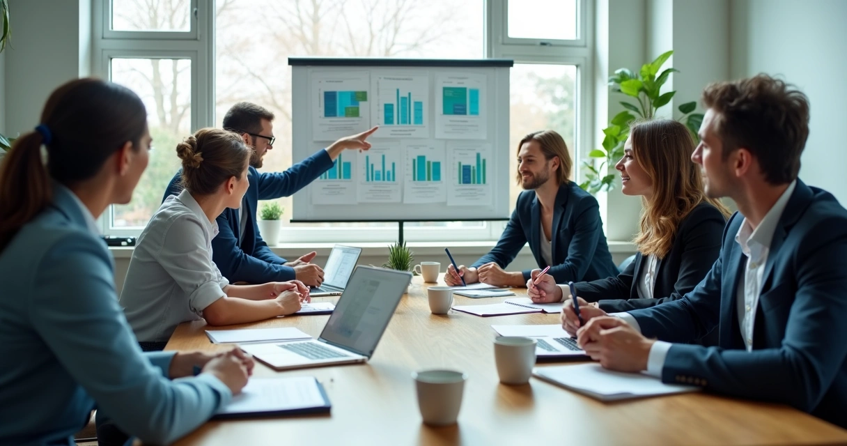 Equipe em reunião avaliando colaboração e metas 